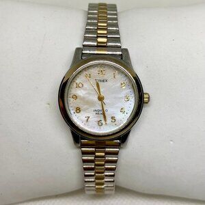 Timex indiglo women’s watch silver gold tone mother of pearl dial 25mm running
